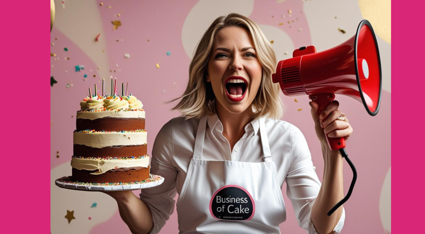 woman is holding a birthday cake in on hand, and a megaphone in another, and appears to be shouting into it